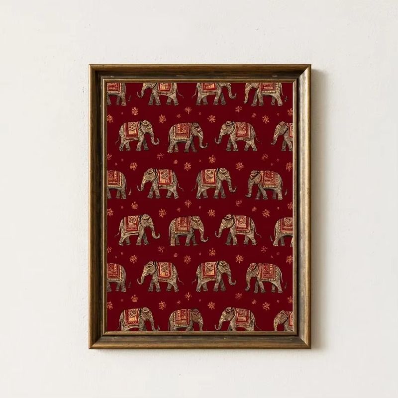 Interior Design Usa - Indisches Elefantenmuster-Druckbild, Rote Textil-Wandkunst, Boho-Tribal-Dekor, Orientalisches