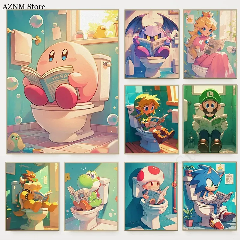 Interior Design Game - Lustiges Badezimmer-Cartoon-Videospiel-Poster, niedliche animierte Charaktere, Toiletten-Leinwandgemälde,