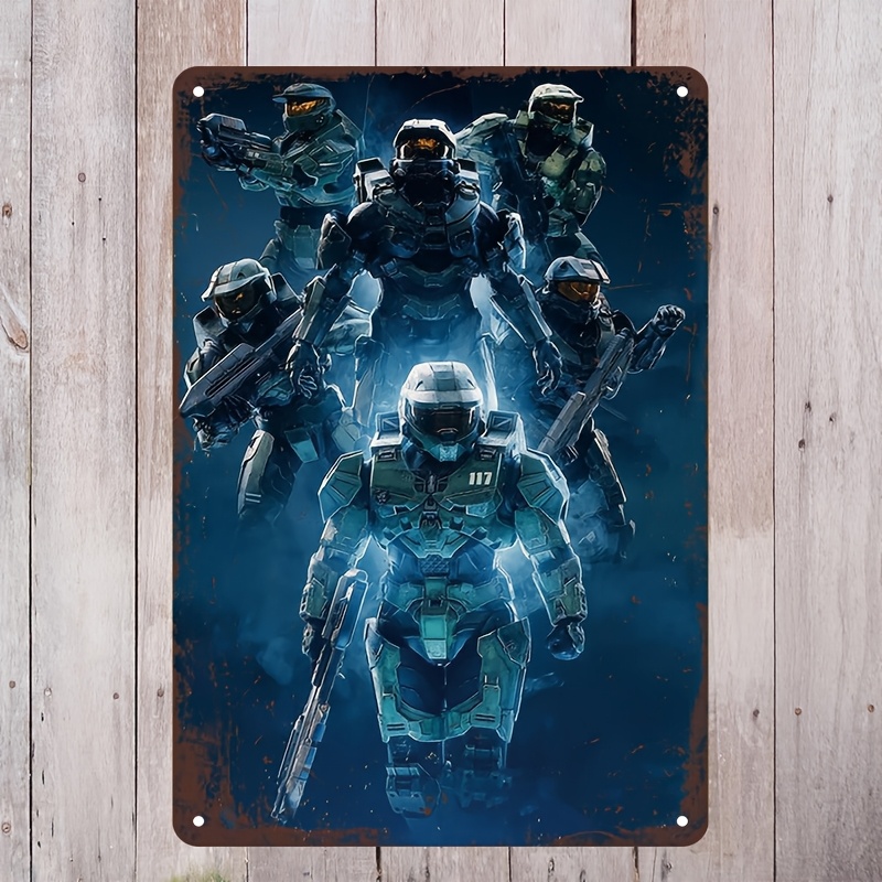 Interior Design Game - Halo-inspiriertes Metall-Wandkunst-Schild, Lebhaftes Master Chief &